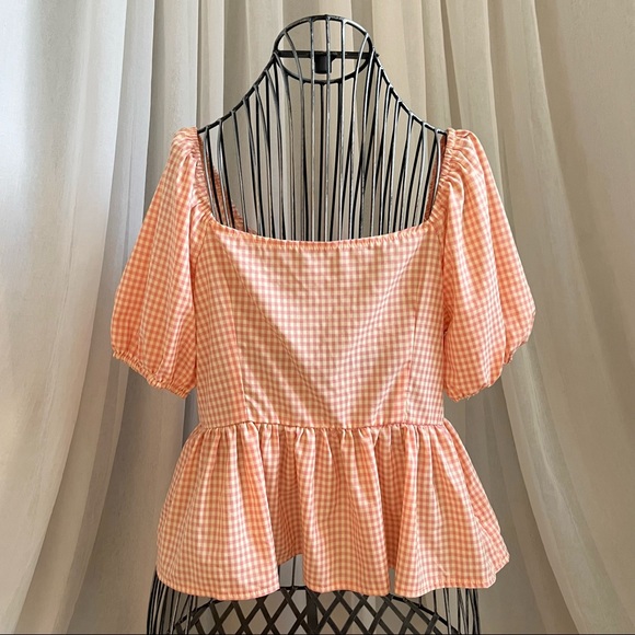 Shein Apricot Gingham Puff Sleeve Peplum Top - Picture 11 of 16